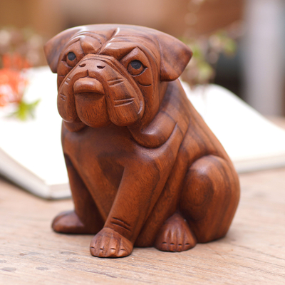 Wood sculpture, 'Curious Bulldog' - Hand Carved Wood Bulldog Puppy Sculpture from Bali