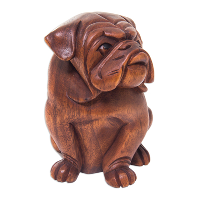 Escultura de madera - Escultura de cachorro de bulldog de madera tallada a mano de Bali