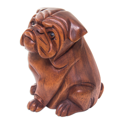 Wood sculpture, 'Curious Bulldog' - Hand Carved Wood Bulldog Puppy Sculpture from Bali