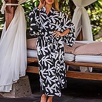 Long rayon robe, 'Moonlit Fern' - Silk Screened Black and White Long Women's Rayon Robe