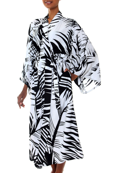 Handcrafted Rayon Robe for Women with Black and White Print