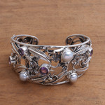 Amethyst and cultured pearl cuff bracelet, 'Temple Garden' - Floral 925 Silver Cuff Bracelet with Amethysts and Pearls