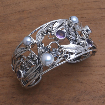 Amethyst and cultured pearl cuff bracelet, 'Temple Garden' - Floral 925 Silver Cuff Bracelet with Amethysts and Pearls