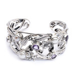 Amethyst and cultured pearl cuff bracelet, 'Temple Garden' - Floral 925 Silver Cuff Bracelet with Amethysts and Pearls