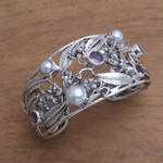 Amethyst and cultured pearl cuff bracelet, 'Temple Garden' - Floral 925 Silver Cuff Bracelet with Amethysts and Pearls