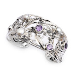 Amethyst and cultured pearl cuff bracelet, 'Temple Garden' - Floral 925 Silver Cuff Bracelet with Amethysts and Pearls