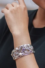Amethyst and cultured pearl cuff bracelet, 'Temple Garden' - Floral 925 Silver Cuff Bracelet with Amethysts and Pearls