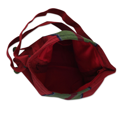 Baumwoll-Schlingenbeutel, 'Parangtritis Rot'. - Handwerklich gefertigte rot-grüne Umhängetasche aus Baumwolle
