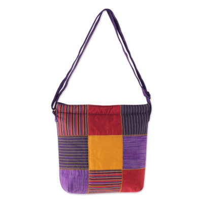 Cotton shoulder bag, 'Purple Joglo' - Purple Cotton Shoulder Bag with Multi Color Patchwork