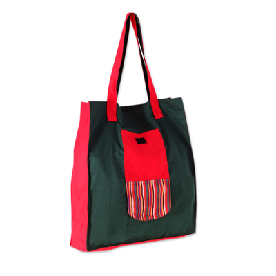 Green Red Handwoven Cotton Foldable Tote Shopping Bag
