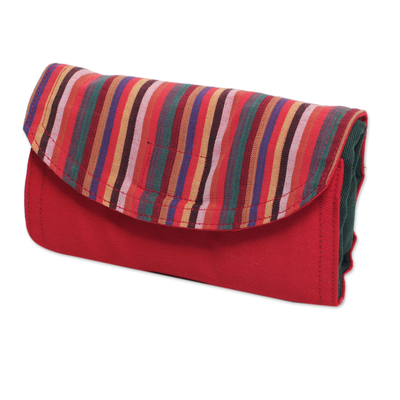 Cotton foldable tote bag, 'Gejayan Green' - Green Red Handwoven Cotton Foldable Tote Shopping Bag