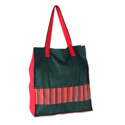 Faltbare Einkaufstasche aus Baumwolle, 'Gejayan Green' - Handgewebte faltbare Einkaufstasche aus Baumwolle in Grün-Rot
