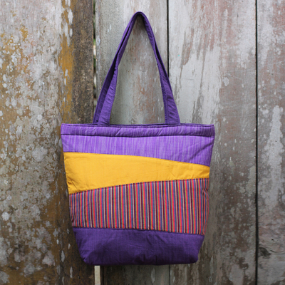 Cotton shoulder bag, 'Merapi Purple' - Hand Crafted Purple Cotton Shoulder Bag with Inner Pockets
