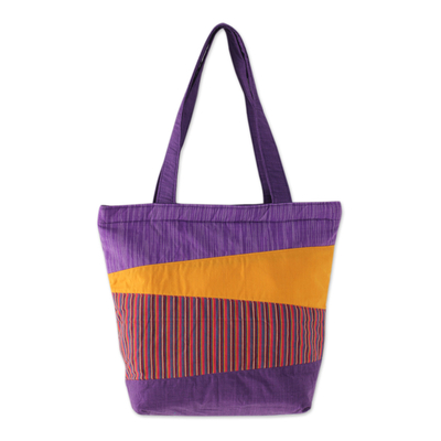 Cotton shoulder bag, 'Merapi Purple' - Hand Crafted Purple Cotton Shoulder Bag with Inner Pockets