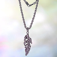 Sterling silver pendant necklace, 'White Feather' - Sterling Silver Feather Pendant Necklace on Rope Chain