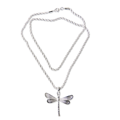 Sterling silver pendant necklace, 'White Dragonfly' - Hand Crafted Sterling Silver Necklace with Dragonfly Pendant