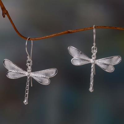 Sterling silver dangle earrings, 'White Dragonfly' - Dragonfly Earrings in Sandblasted Sterling Silver 925