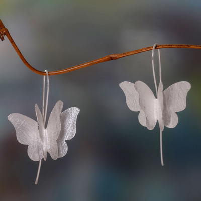 Sterling silver drop earrings, 'Silver Butterfly' - Brushed Sterling Silver Butterfly Drop Style Earrings