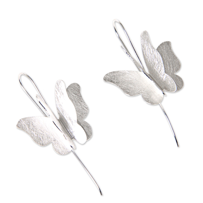 Sterling silver drop earrings, 'Silver Butterfly' - Brushed Sterling Silver Butterfly Drop Style Earrings
