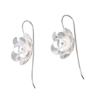 Sterling silver drop earrings, 'Silver Bloom' - Flower Blossom Drop Earrings in Brushed Sterling Silver