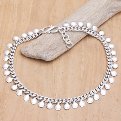 Sterling silver anklet, 'Moonlit Path' - Balinese Sterling Silver 925 Anklet with Round Charms