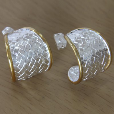 Gold accented half-hoop earrings, 'Celuk Weave' - Half Hoop Earrings in Sterling Silver with 18k Gold Accents