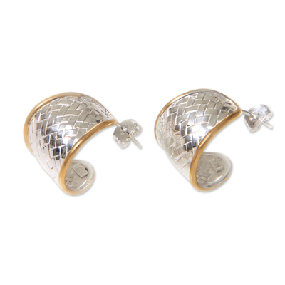 Gold accented half-hoop earrings, 'Celuk Weave' - Half Hoop Earrings in Sterling Silver with 18k Gold Accents