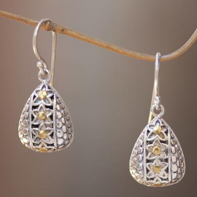 Gold accent sterling silver dangle earrings, 'Star Fall' - Balinese Handmade Sterling Silver Earrings 18k Gold Accents