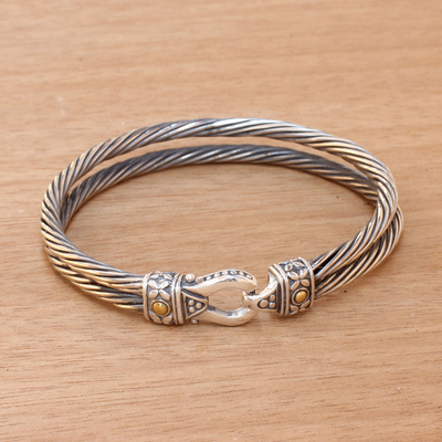Gold accent sterling silver wristband bracelet, 'Lady Paladin' - Balinese Handmade 18k Accent Sterling Silver Bracelet