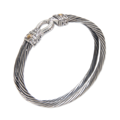 Gold accent sterling silver wristband bracelet, 'Lady Paladin' - Balinese Handmade 18k Accent Sterling Silver Bracelet