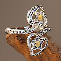 Gold accent sterling silver wrap ring, 'Stellar Hearts' - Balinese 18k Gold Accent Sterling Silver Wrap Ring