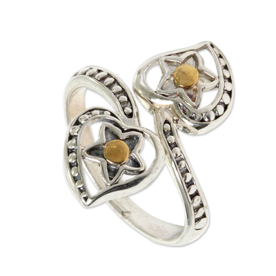 Gold accent sterling silver wrap ring, 'Stellar Hearts' - Balinese 18k Gold Accent Sterling Silver Wrap Ring