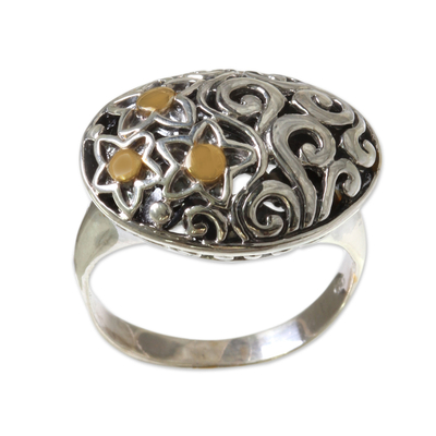 Gold accent sterling silver dome ring, 'Star Caress' - Fair Trade Silver Dome Ring with 18k Gold Accents
