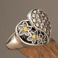 Gold accent sterling silver cocktail ring, 'Heart of Flowers' - Fair Trade Balinese 18k Gold Accent Sterling Silver Ring
