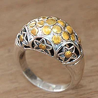 Gold accent sterling silver dome ring, 'Nebula' - Artisan Crafted Silver Dome Ring with 18k Gold Accents