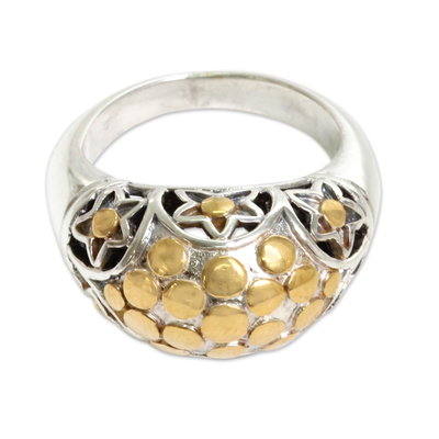 Gold accent sterling silver dome ring, 'Nebula' - Artisan Crafted Silver Dome Ring with 18k Gold Accents
