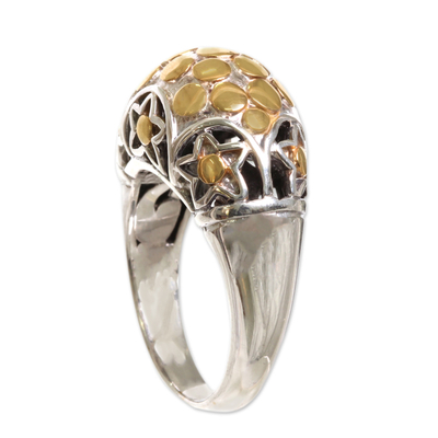 Gold accent sterling silver dome ring, 'Nebula' - Artisan Crafted Silver Dome Ring with 18k Gold Accents