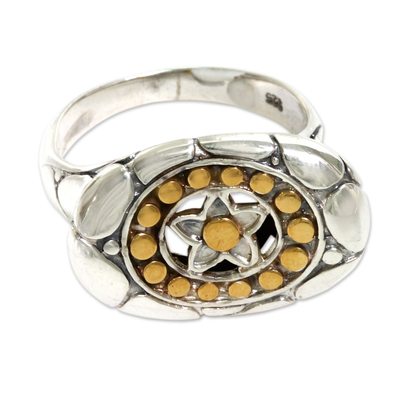 Gold accent sterling silver cocktail ring, 'Starlight' - Modern Balinese Silver Star Motif Ring with 18k Gold Accents