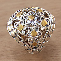 Gold accent sterling silver dome ring, 'Stars Over Sanur' - Silver Dome Ring with Stars and 18k Gold Accents