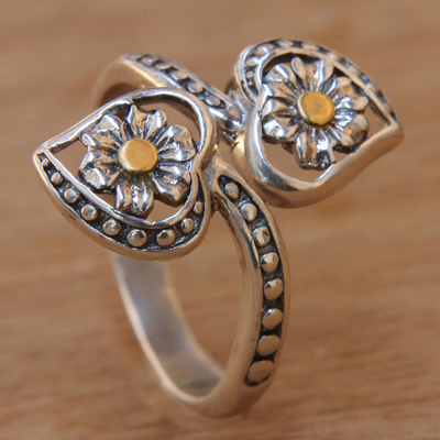 Gold accent sterling silver wrap ring, 'Blossoming Hearts' - Flower Theme 18k Gold Accent Sterling Silver Wrap Ring