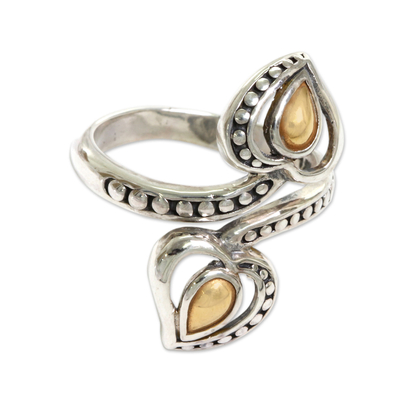 Gold accent sterling silver wrap ring, 'Heart of Gold' - Balinese 18k Gold Accent Sterling Silver Wrap Ring