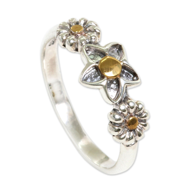 Gold accent sterling silver flower ring, 'Garland' - Bali Handmade Silver Heart Ring with 18k Gold Details
