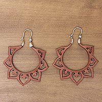 Wood hoop earrings, 'Fiery Lotus'