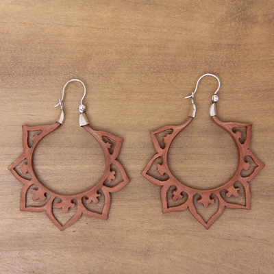Wood hoop earrings, 'Fiery Lotus' - Balinese Wood and Sterling Silver Handmade Hoop Earrings