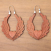 Wood hoop earrings, 'Angel Heart' - Artisan Crafted Balinese Wood and Silver Hoop Earrings