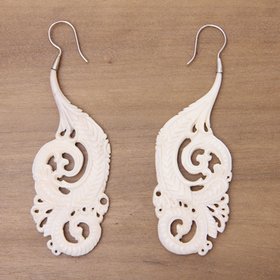 Bone dangle earrings, 'Dragon's Tail Fern' - Hand Carved Bone Dangle Earrings with Silver Hooks