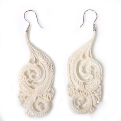 Bone dangle earrings, 'Dragon's Tail Fern' - Hand Carved Bone Dangle Earrings with Silver Hooks