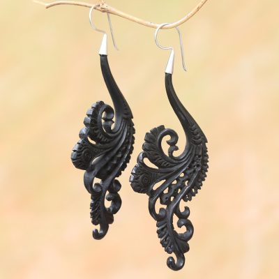 Water buffalo horn dangle earrings, 'Black Fern' - Bali Hand Carved Water Buffalo Horn Earrings Silver Hooks