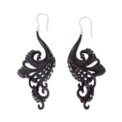 Water buffalo horn dangle earrings, 'Black Fern' - Bali Hand Carved Water Buffalo Horn Earrings Silver Hooks