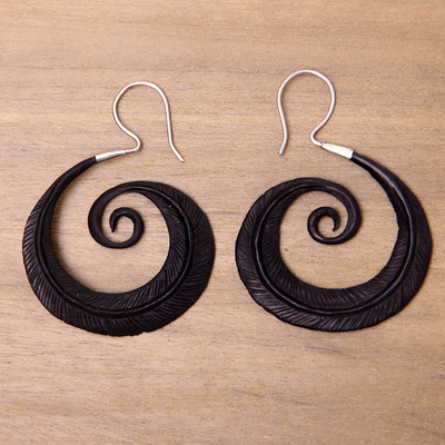 Water buffalo horn dangle earrings, Feather Spiral